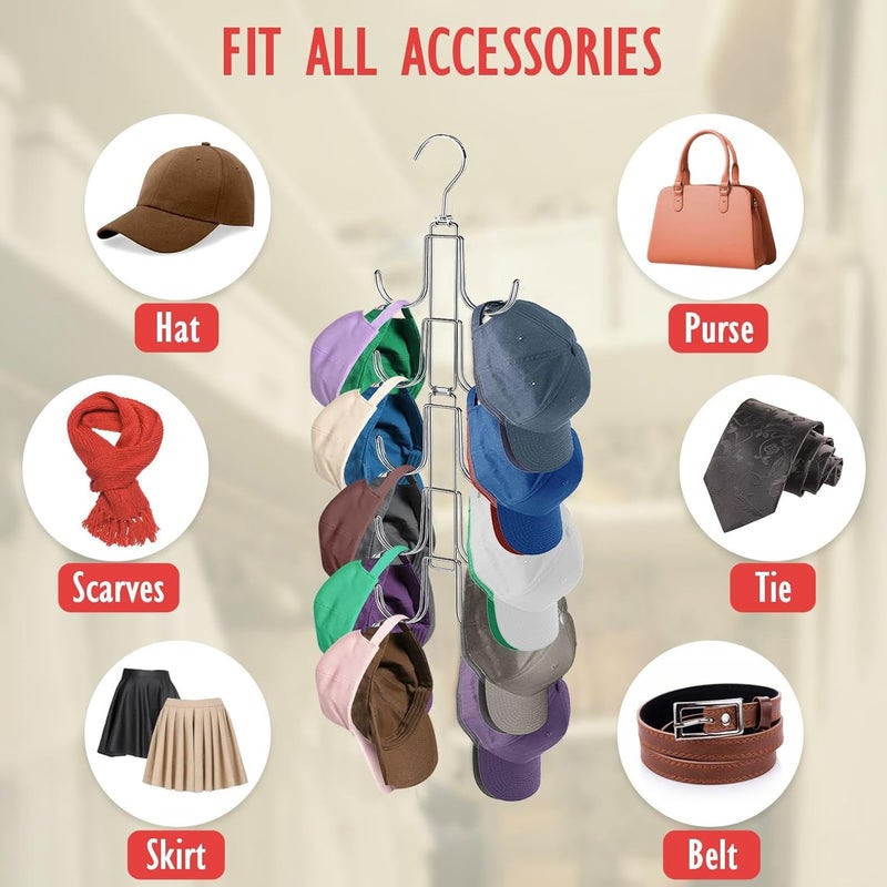 NAKBINX Hat Organizer for Closet, Collapsible Caps Rack with 10 Rotatable Large Hooks, Holds Up to 40 Baseball Caps, Metal Space Saving Hat Hanger for Display, Storage and Closet Organizers, Silver - Image 5